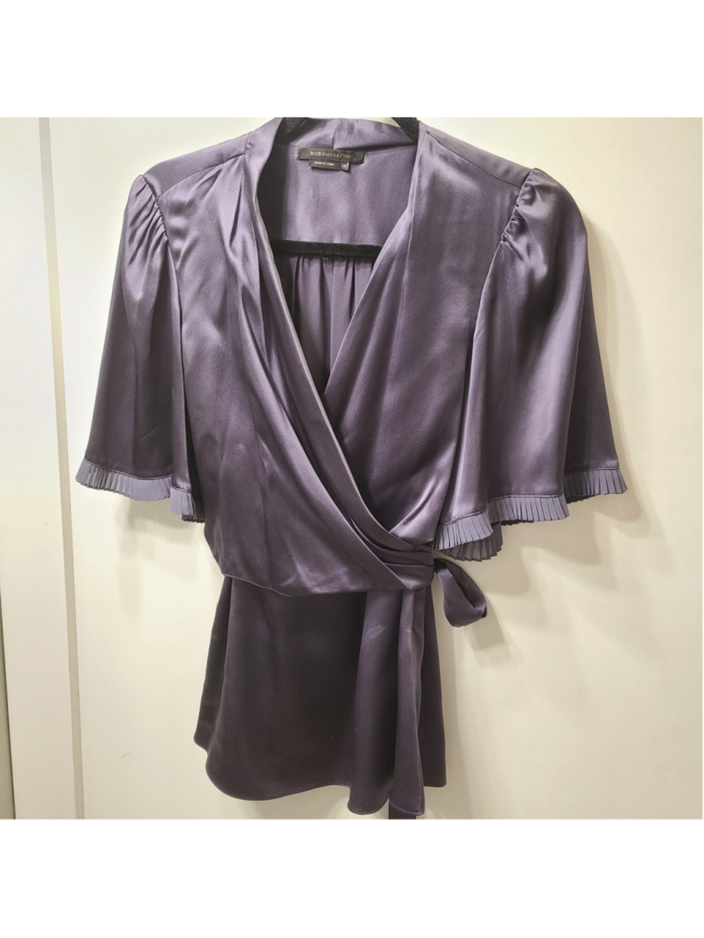BCBGMaxAzria Satin Wrap Blouse in Lavender Purple